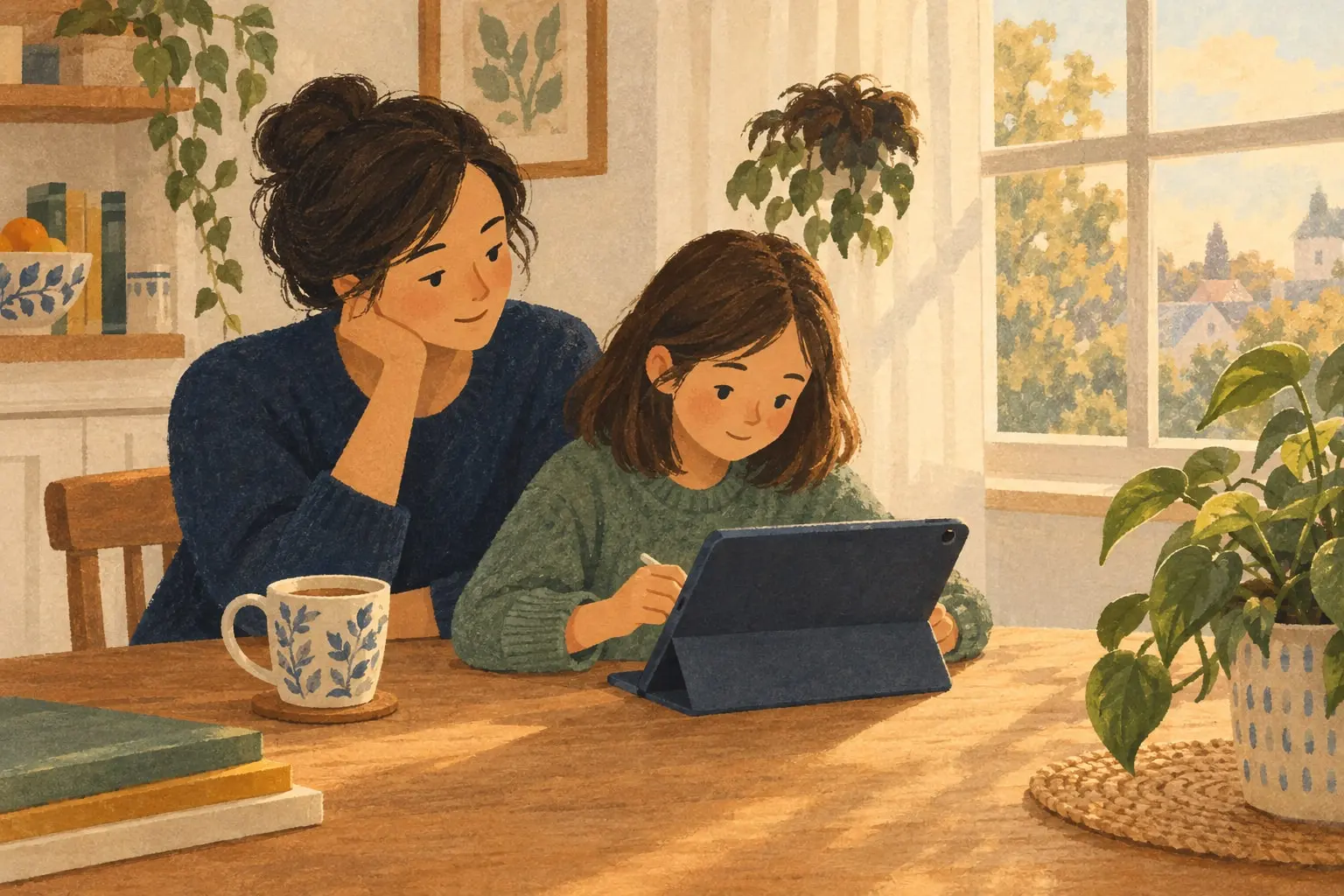 Ilustración de una madre y su hija sentadas a la mesa de la cocina; la niña usa una tableta mientras la madre la acompaña con calma.