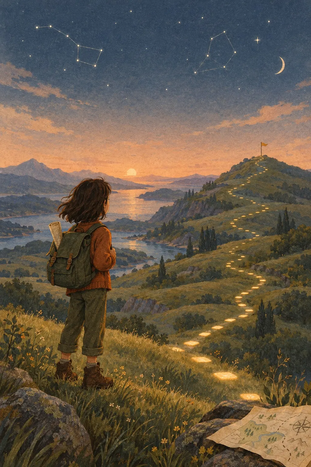 Ilustración de una niña con mochila que observa, al atardecer, un camino de piedras luminosas que sube hasta una bandera en lo alto de una colina.